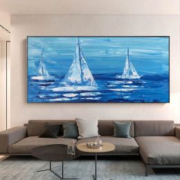 Colorful Ocean Sea Thick with Sunset and sailboat 100% Hand Painted Abstract Oil Painting Canvas Handmade Painting Gift