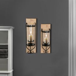 21 Inch Industrial Wall Mount Wood Candle Holder With Glass Hurrican; Set of 2; Black