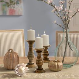 Pillar Shaped Wooden Candle Holder; Set of 3; Brown