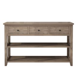 Console Table with Wood Frame and Legs; Sofa Table Entryway Table with 3 Drawers and 2 Open Shelves Wash Gray