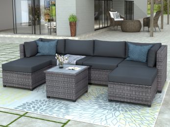 7 Piece Rattan Sectional Seating Group with Cushions, Outdoor Ratten Sofa NEW!