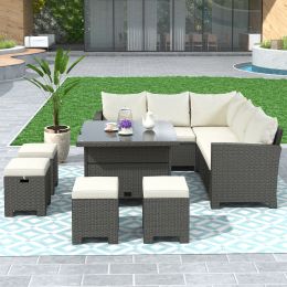 Patio Furniture Set, 8 Piece Outdoor Conversation Set, Dining Table Chair with Ottoman, Cushions