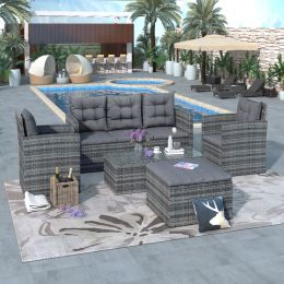 5-piece Outdoor UV-Resistant Patio Sofa Set with Storage Bench All Weather PE Wicker Furniture Coversation Set with Glass Table, Gray