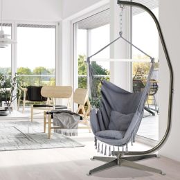 Tassel Hammock Chair with 2 matching square pillows and built-in side pockets (Color: Gray, Material: polyester, fabric)