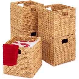 12x12 Inch Hyacinth Baskets; Set of 5 Multipurpose Collapsible Organizers with Inserts (Color: natural color)