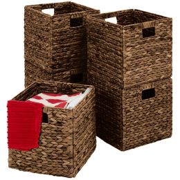 12x12 Inch Hyacinth Baskets; Set of 5 Multipurpose Collapsible Organizers with Inserts (Color: dark brown)