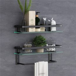 Glass Bathroom Shelf 15.7in Bathroom Shelf Wall Mounted Floating Glass Shelves with Towel Holder Glass Shower Shelf 2 Tier (Color: Black)