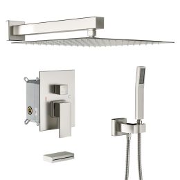 12-Inch 3-Spray Shower System With Square Wall Mounted Adjustable Shower Head And Handheld Shower With Hose (Finish: Brushed Nickel)